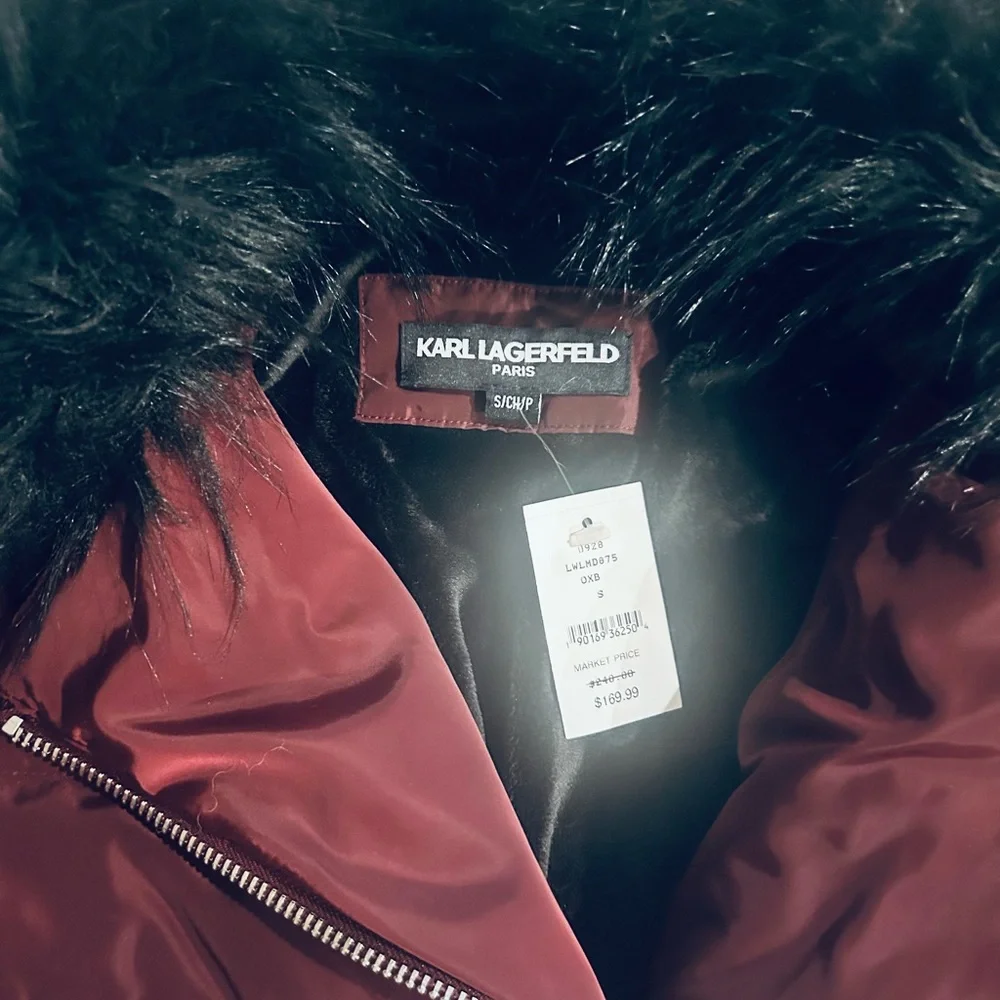 Karl Lagerfeld Paris Faux Fur Collar Puffer Jacket in Oxblood - Picture 4 of 15